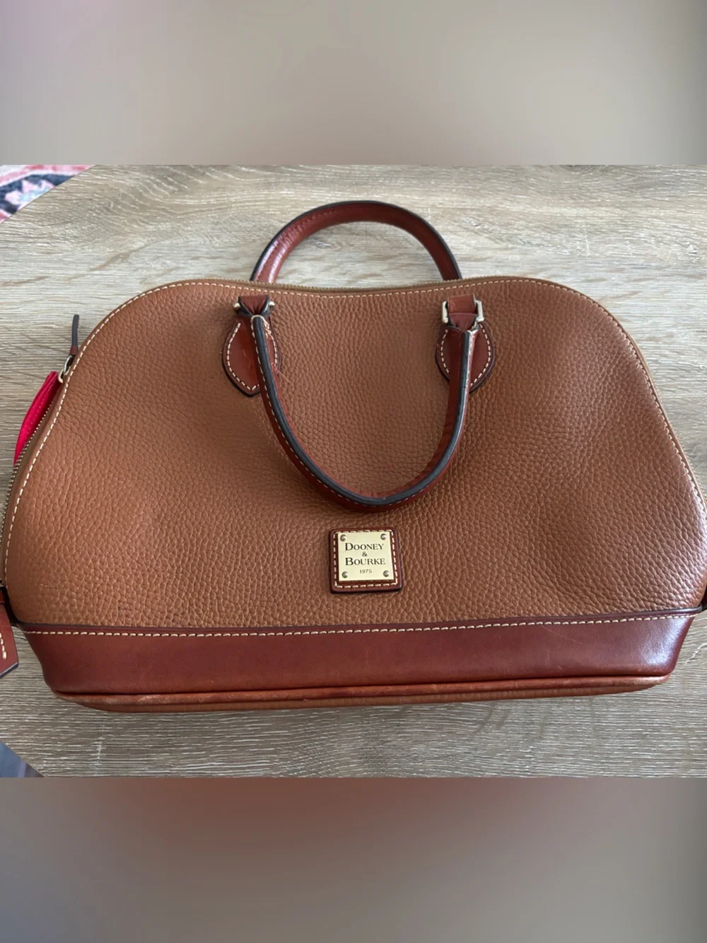 Dooney & Bourke Tan/Brown Pebble Leather Satchel with Red Accent